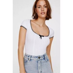 Nasty Gal Pointelle Contrast Bow Bodysuit in White with Black Trim Size S/M NWOT